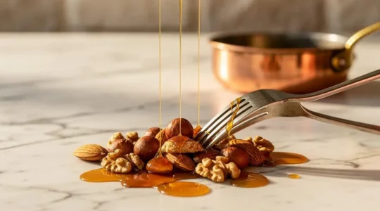 Amandes, noisettes et noix caramélisées disposées sur un marbre froid dans une cuisine de pâtisserie française, illustrant la maîtrise de la double cuisson