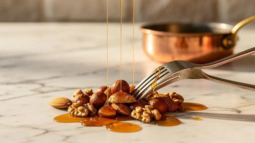 Amandes, noisettes et noix caramélisées disposées sur un marbre froid dans une cuisine de pâtisserie française, illustrant la maîtrise de la double cuisson