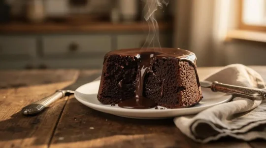 Part de gateau au chocolat moelleux et fondant presentee sur une assiette dans une cuisine francaise chaleureuse