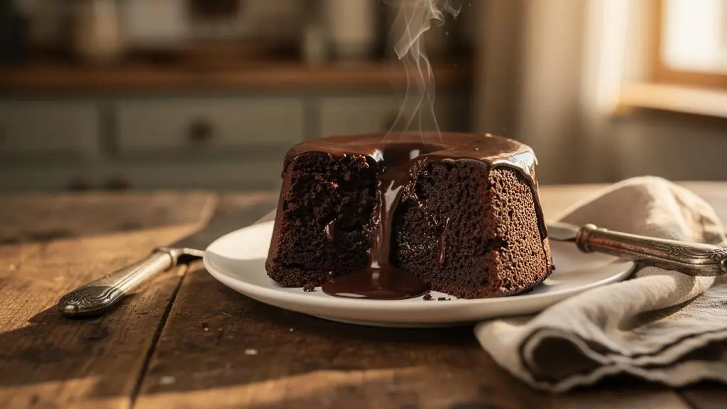 Part de gateau au chocolat moelleux et fondant presentee sur une assiette dans une cuisine francaise chaleureuse