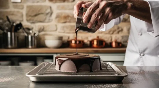 Glaçage chocolat miroir brillant coulant sur un entremets dans une cuisine de pâtisserie française