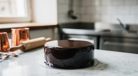 Entremets glacé au chocolat à l'effet miroir brillant, posé sur un plan de travail en marbre dans un atelier de pâtisserie français