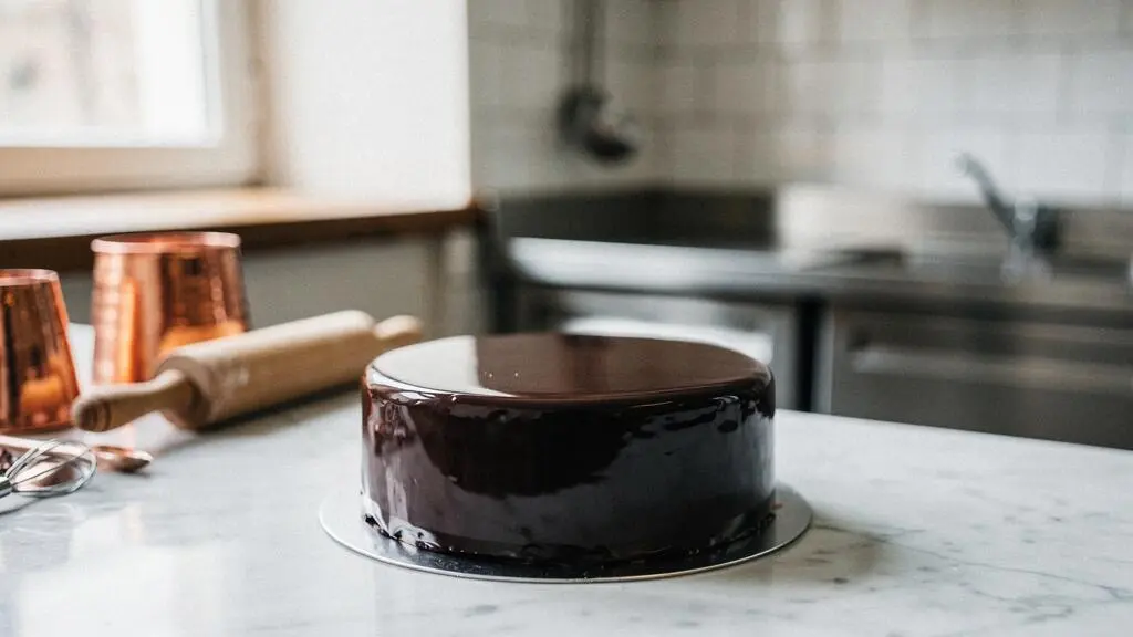 Entremets glacé au chocolat à l'effet miroir brillant, posé sur un plan de travail en marbre dans un atelier de pâtisserie français