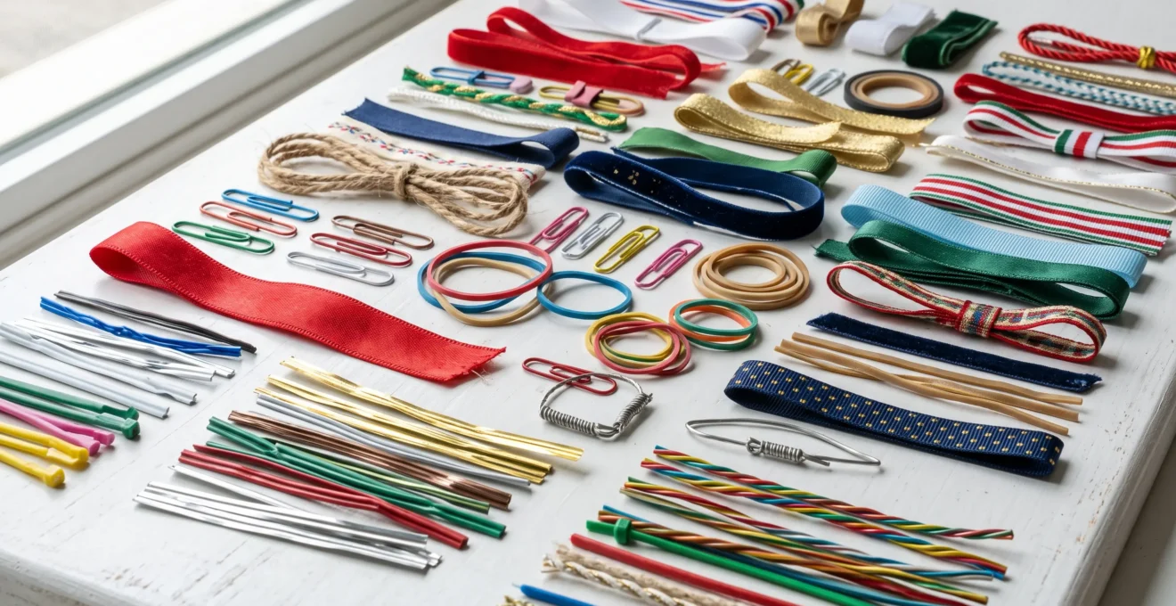 Gros plan détaillé sur un assortiment d'accessoires de fermeture : attaches twist métalliques et colorées, rubans satinés de différentes largeurs, bolducs et bagues élastiques sur surface blanche épurée