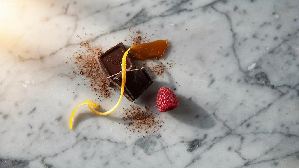 Composition elegante de carres de chocolat noir associes a des zestes d'agrumes, une framboise fraiche et des eclats de caramel sur un plan de travail en marbre, illustrant les harmonies gustatives de la patisserie francaise