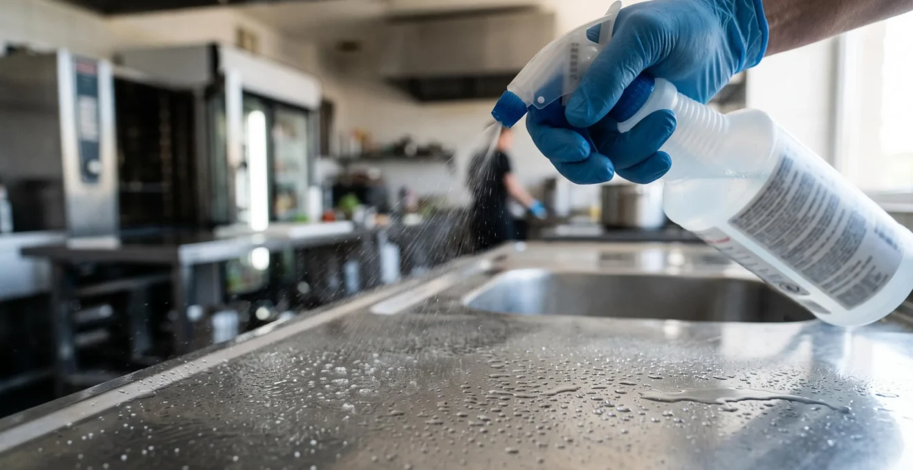 Main gantée en nitrile bleu pulvérisant un produit désinfectant sur une surface en inox brillante avec gouttelettes visibles