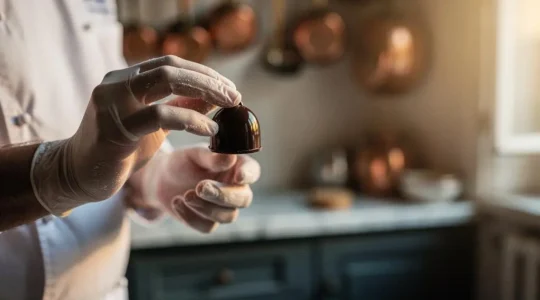 Mains d'un pâtissier français manipulant délicatement un bonbon de chocolat à l'éclat professionnel