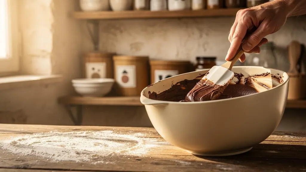 Main de pâtissier utilisant une maryse en silicone pour racler délicatement une pâte à gâteau au chocolat dans un cul-de-poule, illustrant l'absence de gaspillage