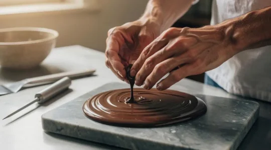 Cinq outils essentiels de chocolaterie disposés sur un plan de travail en bois dans un atelier lumineux