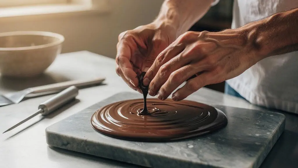 Cinq outils essentiels de chocolaterie disposés sur un plan de travail en bois dans un atelier lumineux
