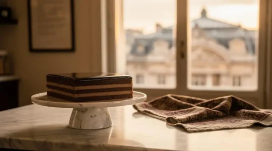 Gâteau Opéra au chocolat élégamment présenté sur un présentoir en marbre, symbole de la pâtisserie française