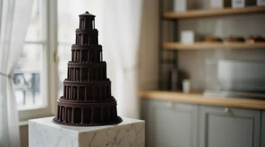 Pièce montée en chocolat à plusieurs étages parfaitement équilibrée, mise en scène dans un style éditorial élégant