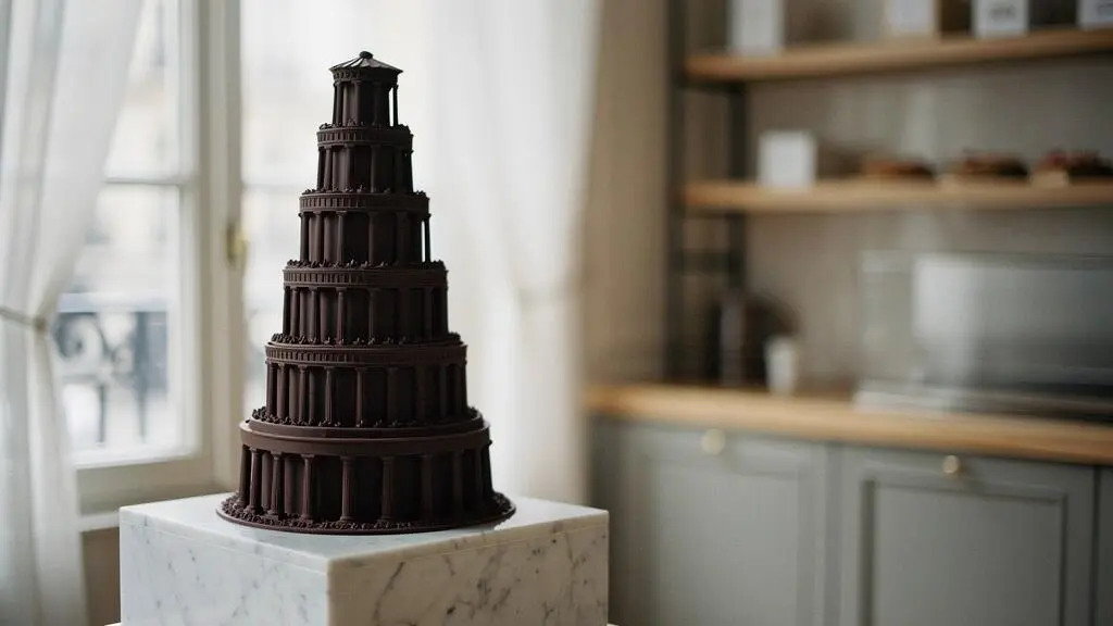 Pièce montée en chocolat à plusieurs étages parfaitement équilibrée, mise en scène dans un style éditorial élégant