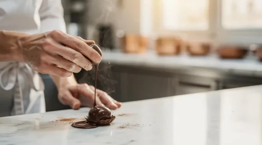 Chocolatier francais manipulant delicatement une ganache aromatique dans un atelier lumineux et epure