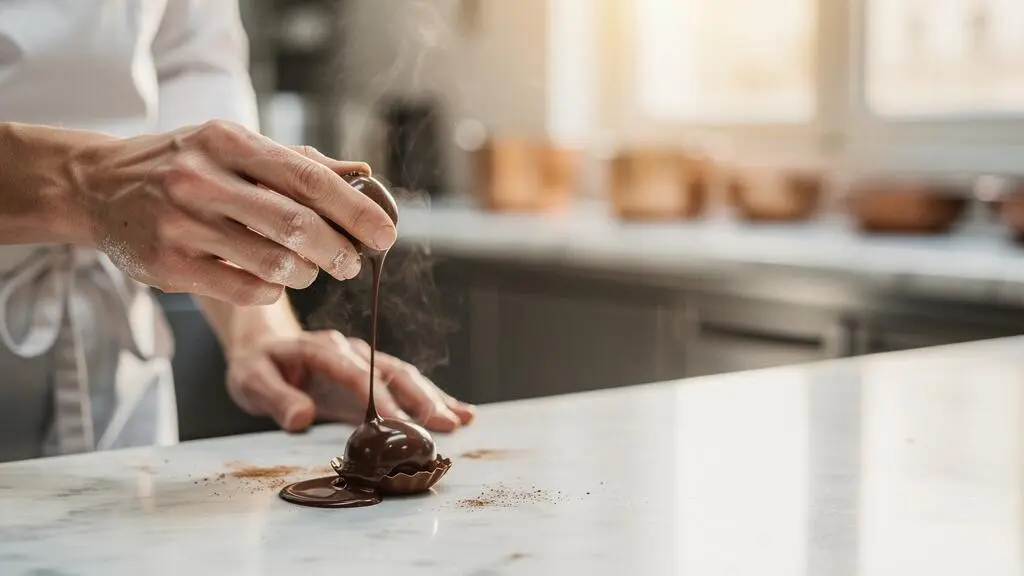 Chocolatier francais manipulant delicatement une ganache aromatique dans un atelier lumineux et epure