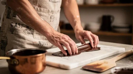 Gros plan sur les mains d'un passionné de chocolaterie amateur travaillant une pâte de chocolat sur un plan de marbre, dans une ambiance artisanale française.