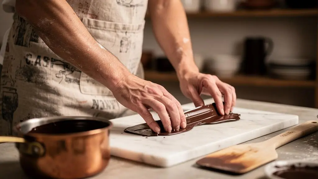 Gros plan sur les mains d'un passionné de chocolaterie amateur travaillant une pâte de chocolat sur un plan de marbre, dans une ambiance artisanale française.