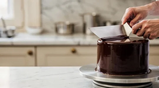 Pâtissier lissant avec précision un glaçage au chocolat brillant sur un entremets à l'aide d'une spatule coudée