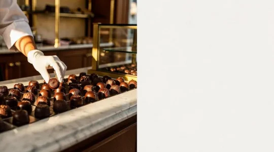 Vitrine d'une boutique de chocolatier artisanal francais avec bonbons brillants disposes avec precision