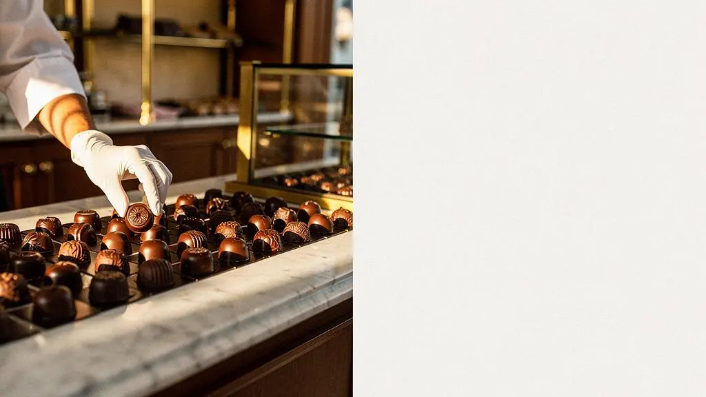 Vitrine d'une boutique de chocolatier artisanal francais avec bonbons brillants disposes avec precision