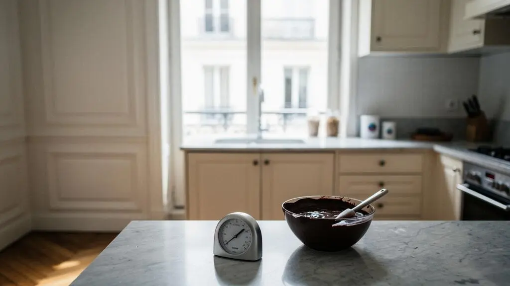 Cuisine parisienne baignée de lumière douce avec un plan de travail en marbre frais et un thermomètre de précision posé à côté d'une préparation de chocolat, illustrant l'environnement idéal de 16 à 18°C.