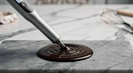 Sonde de thermomètre plongée dans une nappe de chocolat noir brillant et parfaitement tempéré sur un plan de travail en marbre