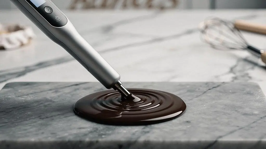 Sonde de thermomètre plongée dans une nappe de chocolat noir brillant et parfaitement tempéré sur un plan de travail en marbre
