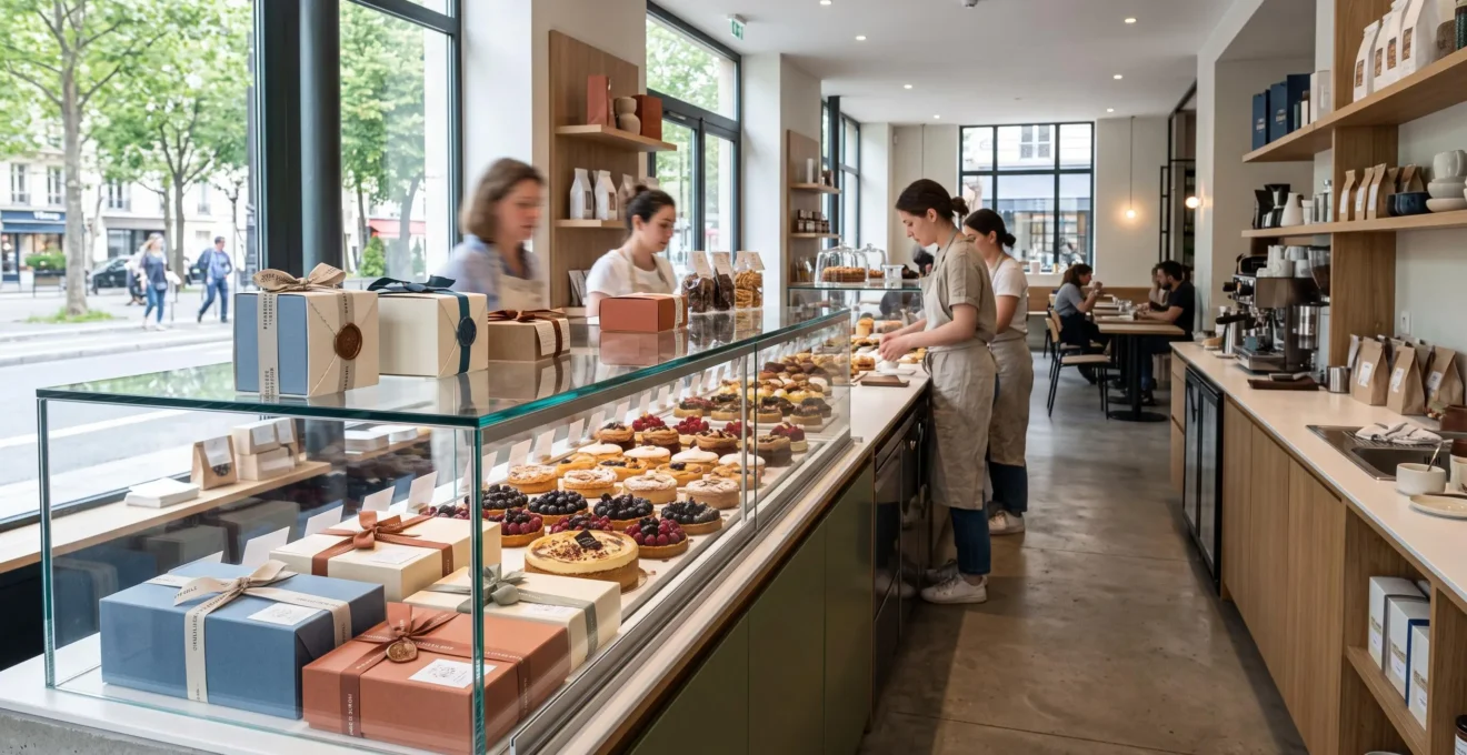 Vitrine d'une pâtisserie artisanale française moderne présentant un assortiment de sacs et coffrets joliment personnalisés avec rubans et attaches variées dans un décor lumineux